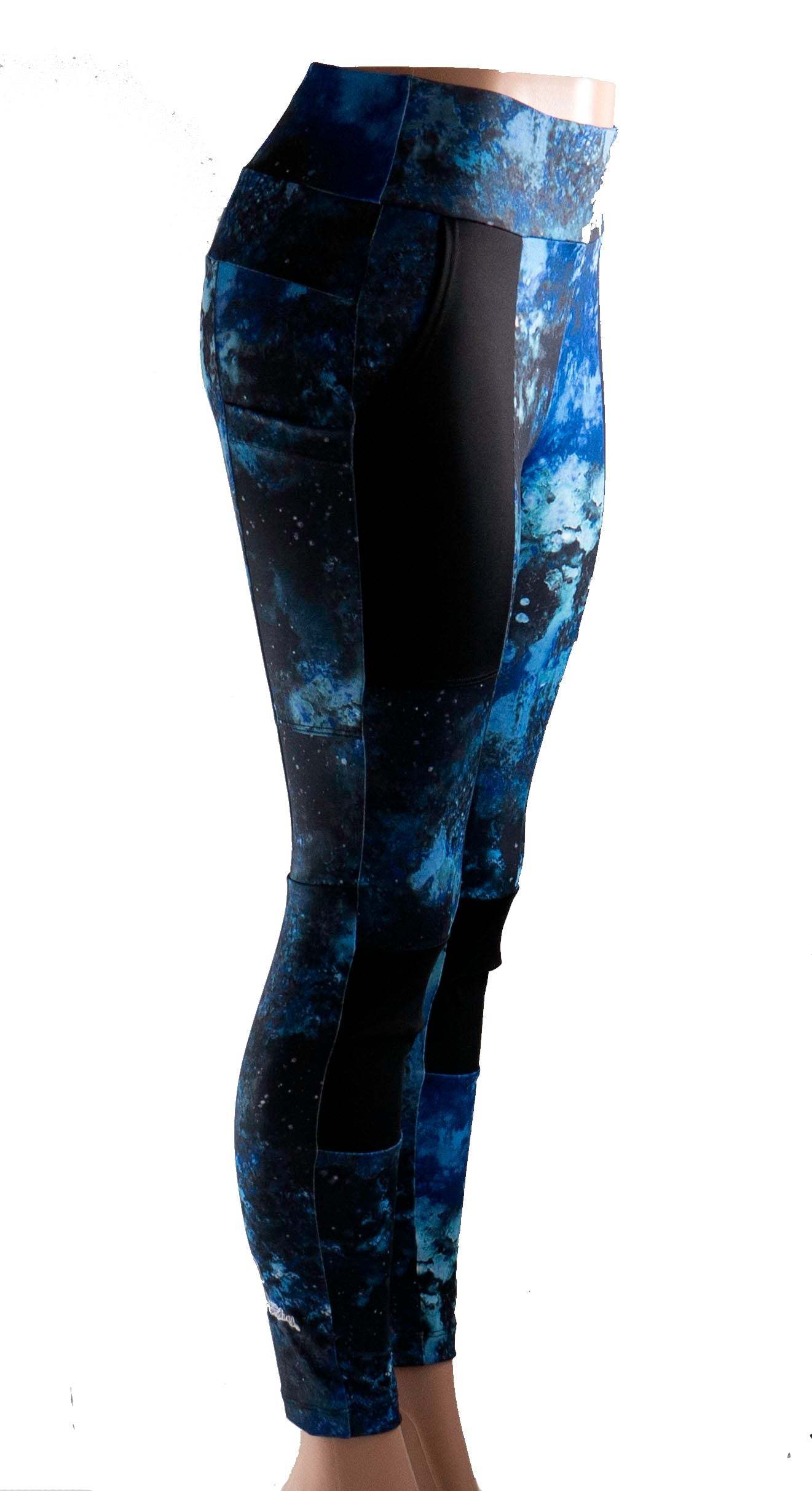 Blue fire bike cycling pants with durable stretch fabric, large pockets, and yoga waistband.